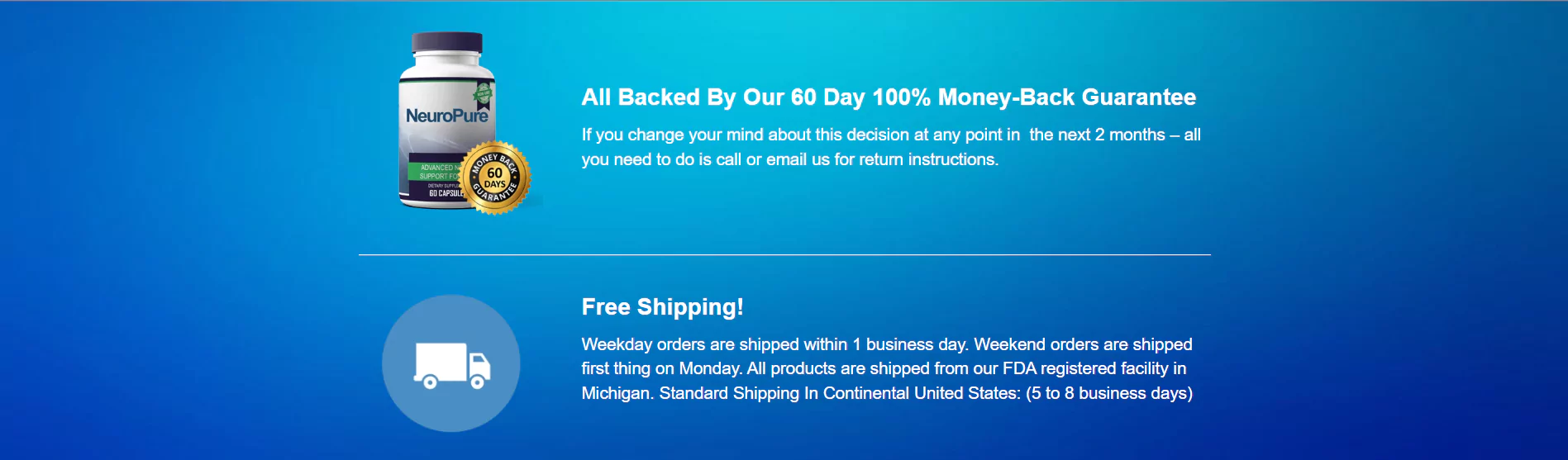 NeuroPure 60 day 100% Money-back guarantee and free shipping