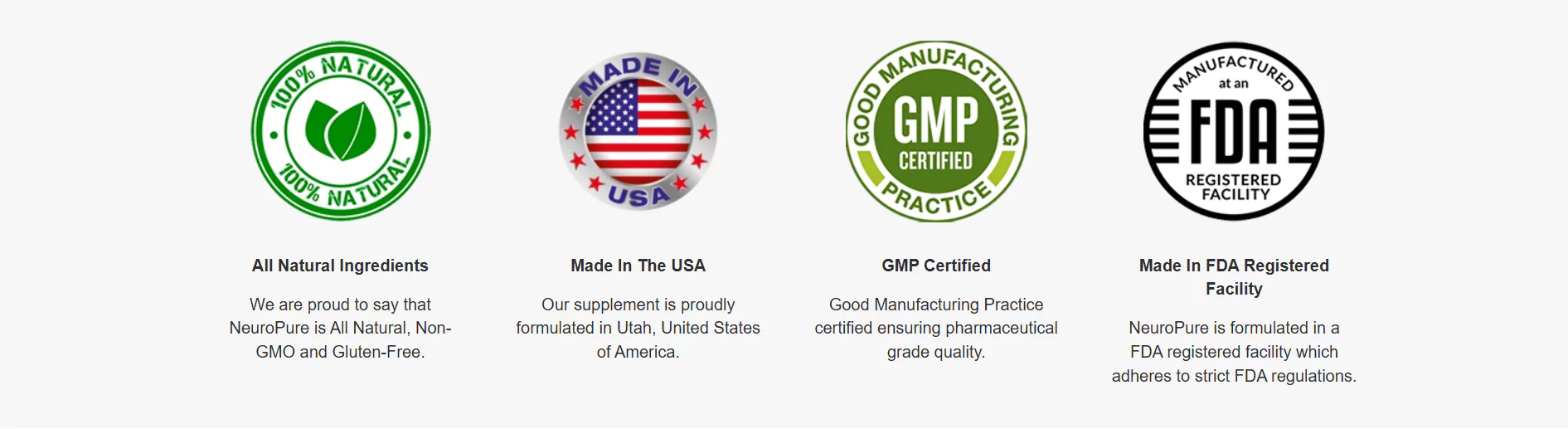 The image shows four seals highlighting that the product is 100% natural, made in the USA, GMP certified, and produced in an FDA-registered facility